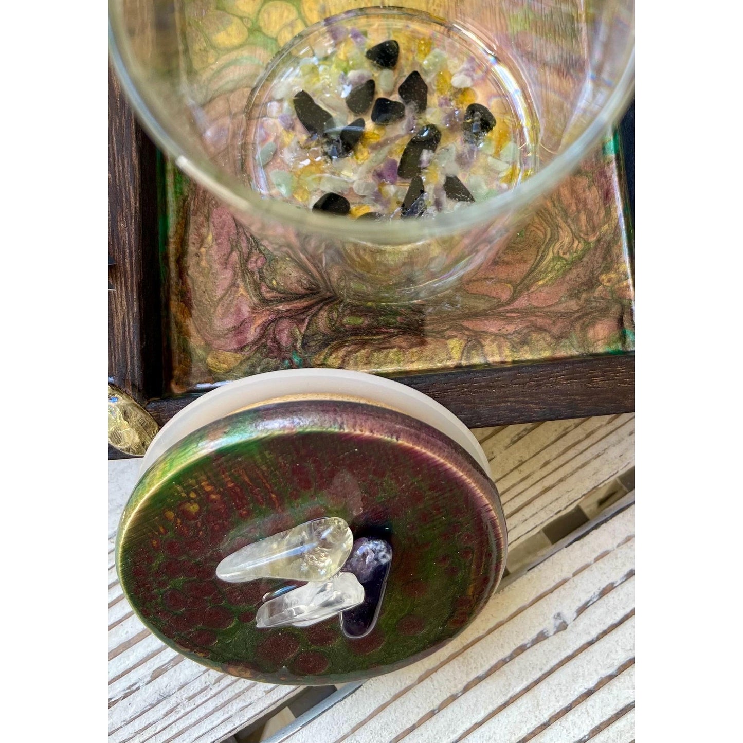 Manifestation Prayer Jar Set with Citrine, Amethyst & Clear Quartz – Hand Painted Tray – Crystal Intention Jar Spiritual Gift Energy Ritual