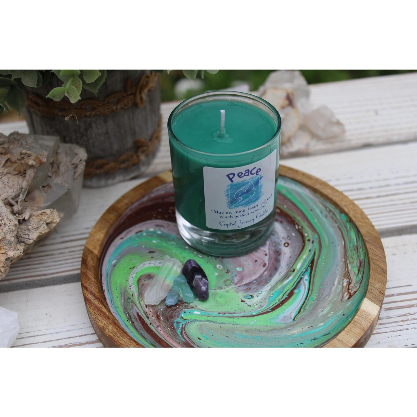 Hand Painted Crystal Candle Holder: Acacia Wood with Amethyst & Aquamarine
