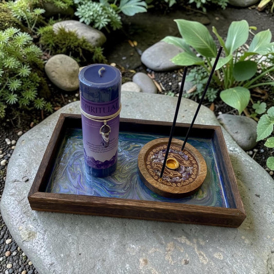 Hand Painted Spiritual Tray with Amethyst Intention Candle & Incense Holder – Meditation Altar Decor – Crystal Ritual Se