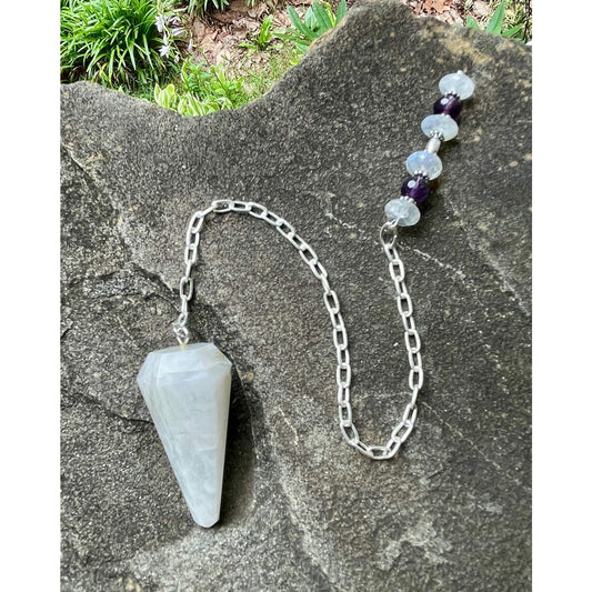 Luxury Moonstone Pendulum | Heavy Sterling Silver Chain | Moonstone & Amethyst | Handcrafted Crystal Divination Tool | Includes Certificate