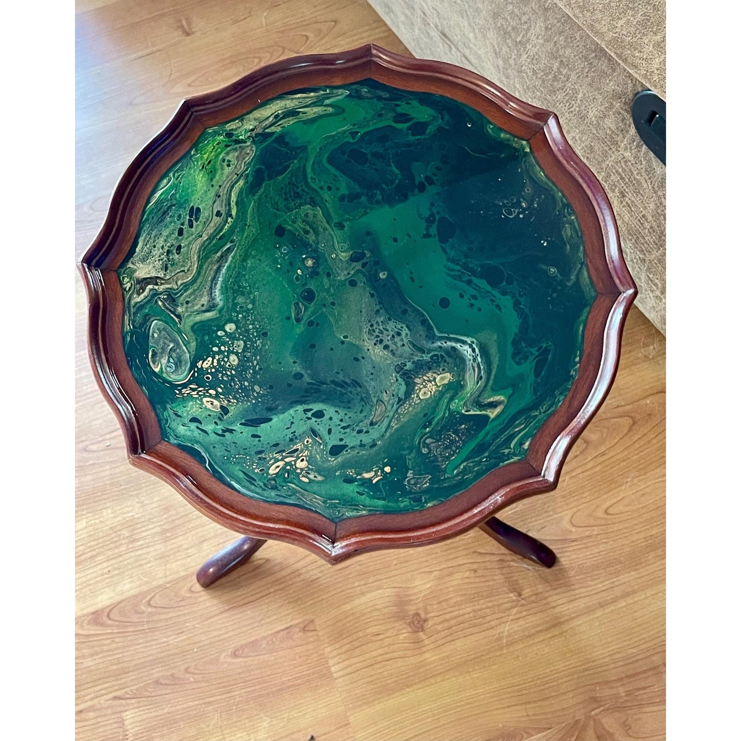 Vintage Resin Art Side Table – Emerald Tide Pour – Hand Painted Wood Table – One of a Kind Accent Table – Upcycled Furniture