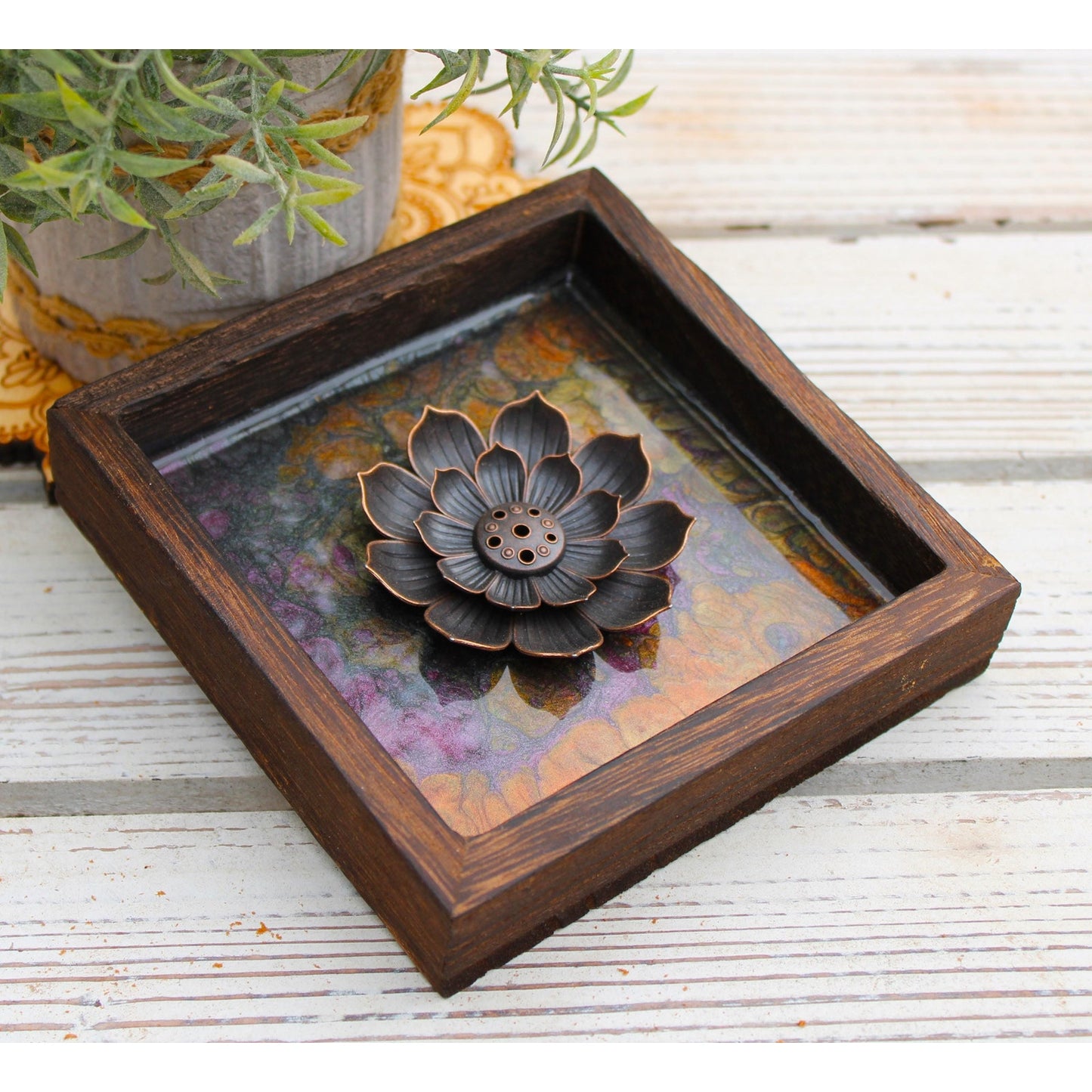 Hand Painted Lotus Incense Holder – Resin Sealed Acrylic Pour Art –