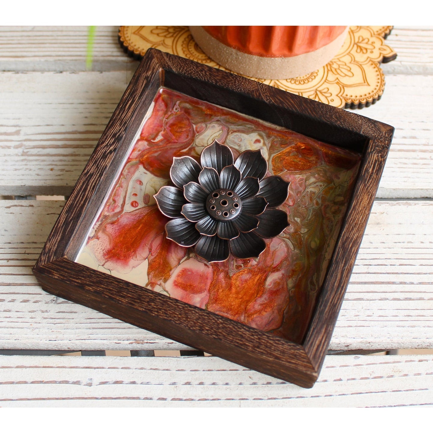 Lotus Incense Holder • Hand Painted Resin Art Tray • Wooden Incense Burner • Spiritual Altar Decor • Meditation Gift • OOAK Boho Decor