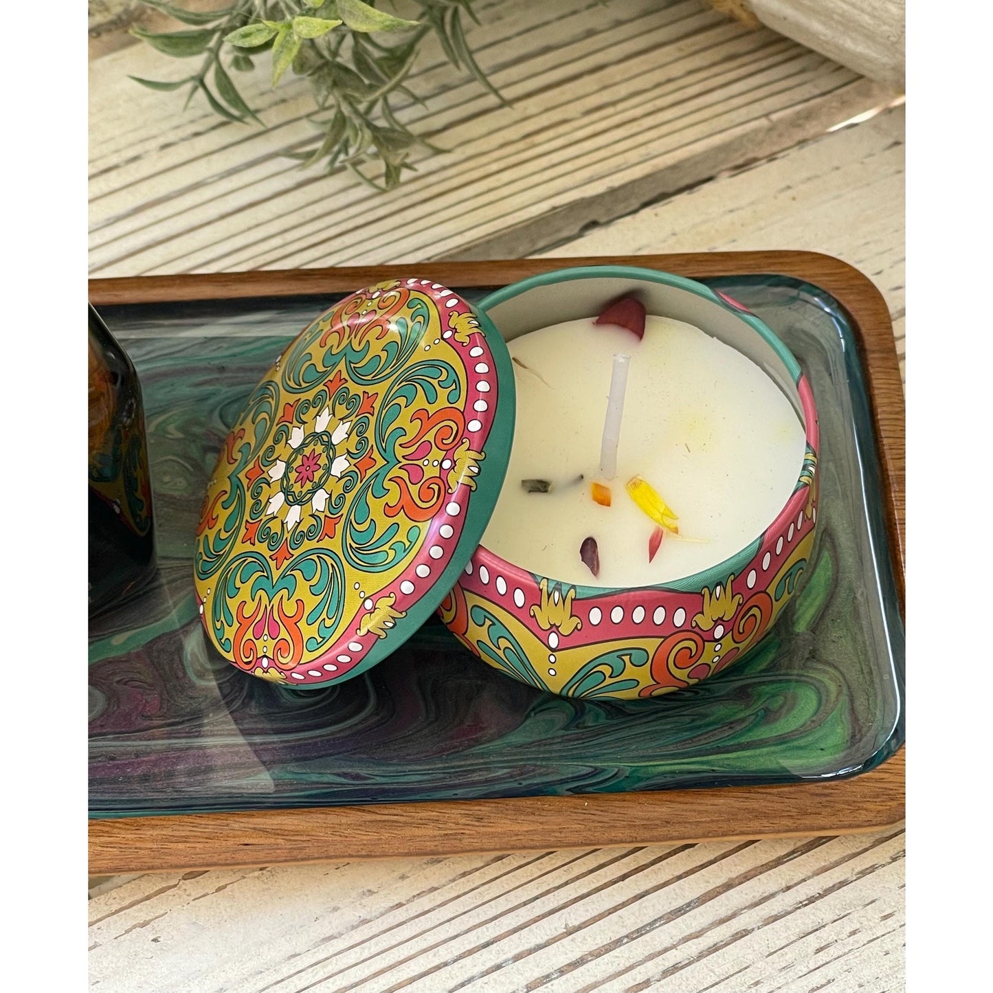 Handmade Resin Tray Set with Soy Candle & Dried Flowers |