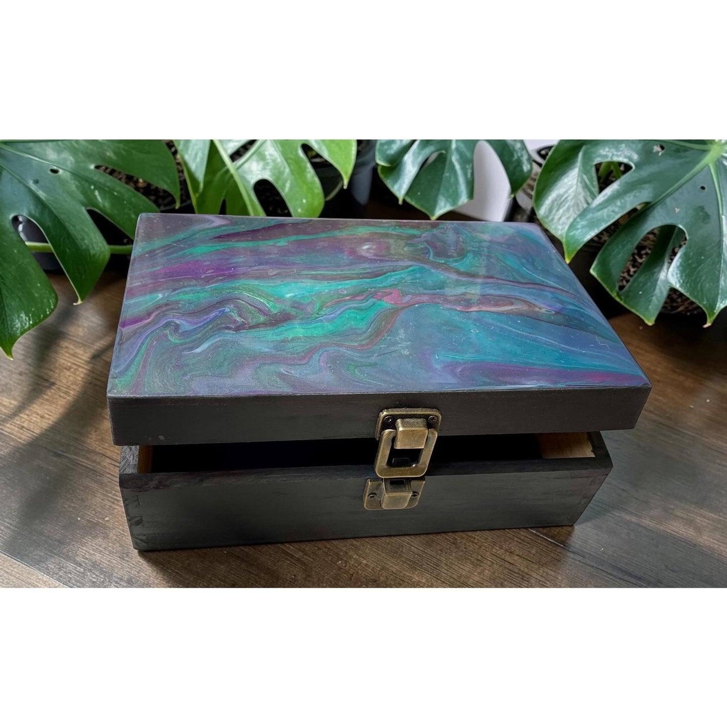 Hand Painted Wooden Stash Box | Abstract Fluid Art Keepsake Box | Crystal & Jewelry Storage | Moody Boho