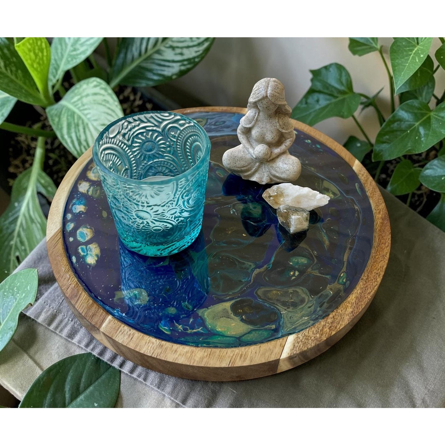 Blue Morpho Abyss Goddess Tray | Resin Art Wood Tray with Citrine Crystals & Votive Holder | Spiritual Boho Decor | Ocean Inspired Tray