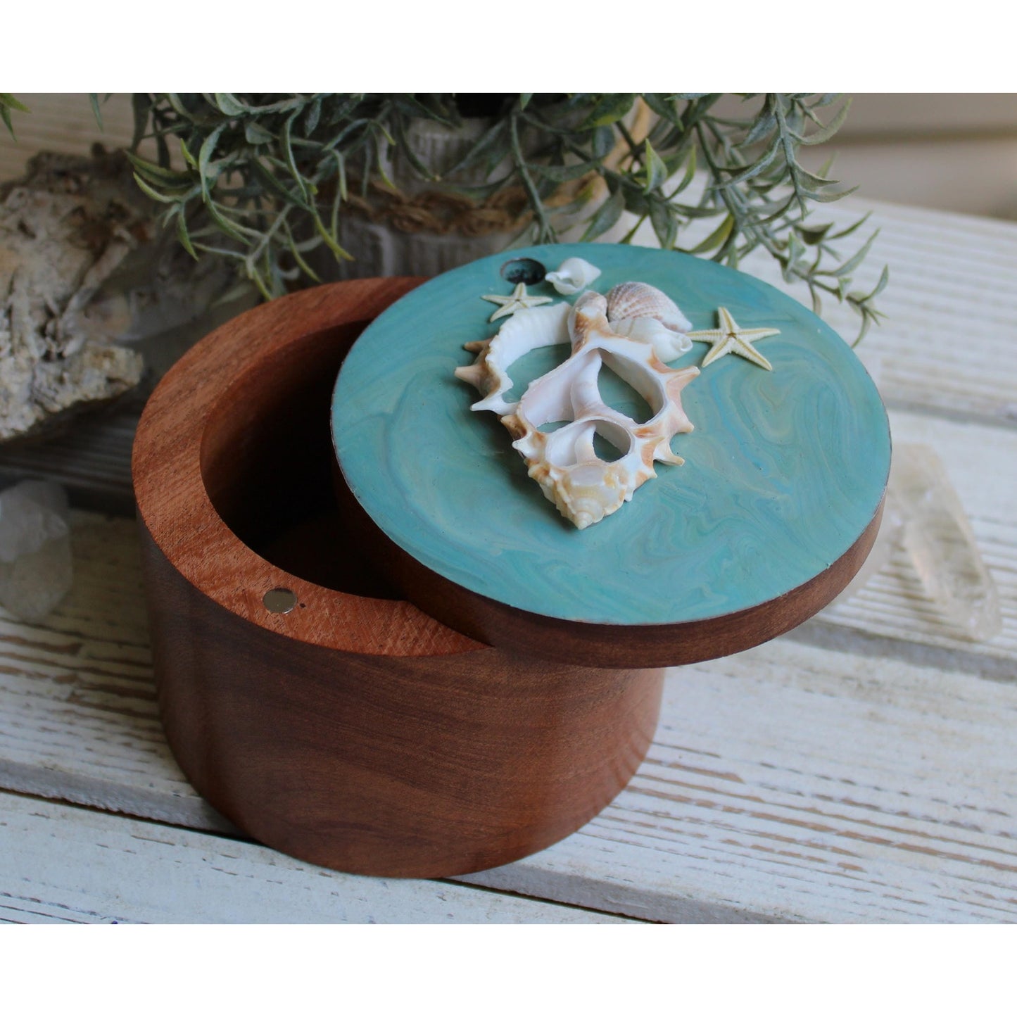 Stash Box, Jewelry Box, Keepsake Box, Hand Painted Box Shells Beach 4" x 4 x 3"