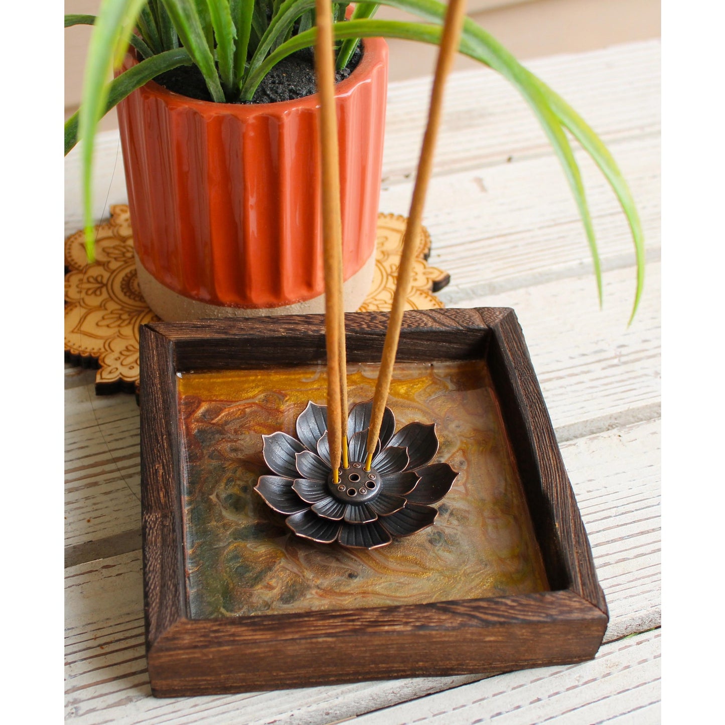 Lotus Incense Holder • Hand Painted Resin Art Tray
