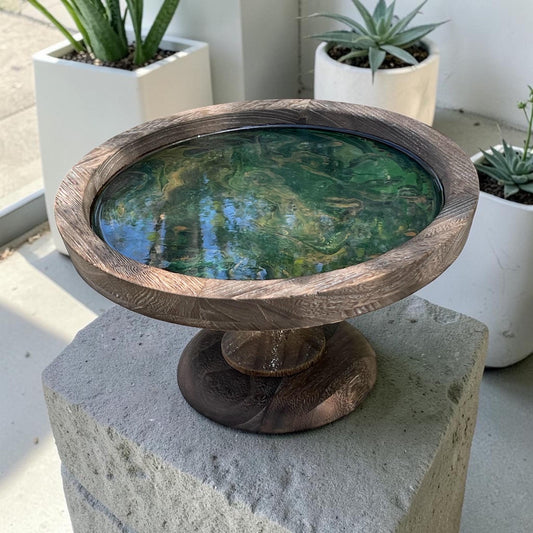 Emerald Tide Sculptural Pedestal Bowl – Handcrafted Resin Art – Green & Gold Abstract – Wooden Centerpiece – One of a Kind Decor