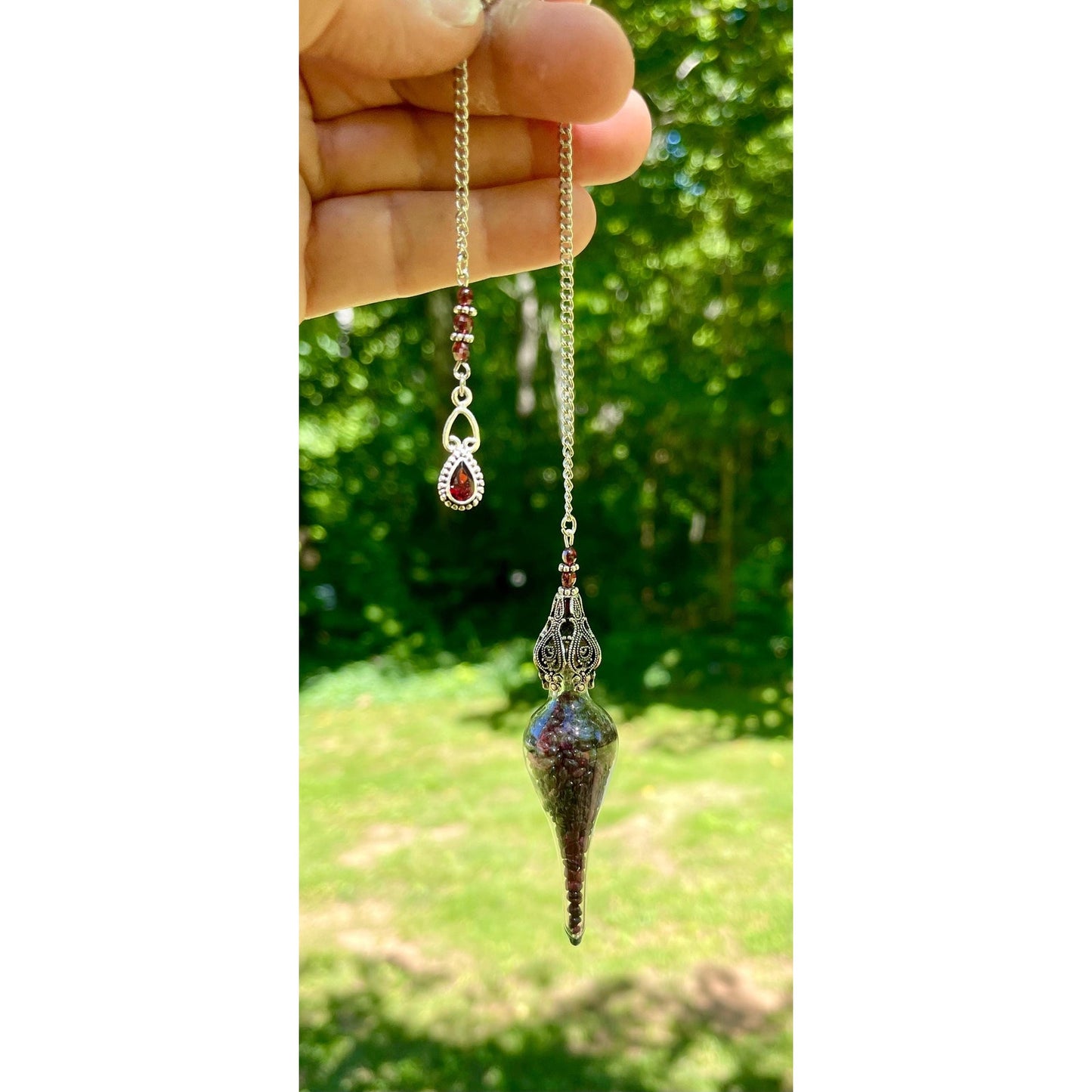 Handcrafted Garnet Vessel Pendulum with Sterling Silver Garnet Accent | Crystal Divination Tool | Reiki Pendulum | Root Chakra Crystal |
