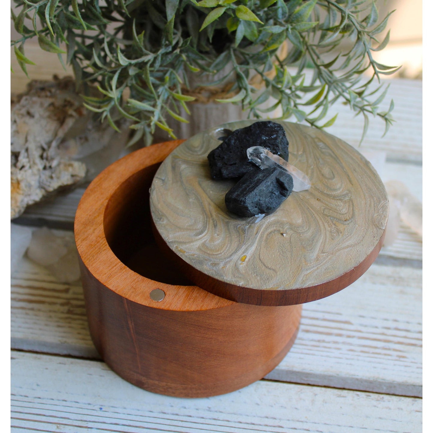 Stash Box, Jewelry Box, Keepsake Box, Hand Painted Box Crystals Black Tourmaline, Clear Quartz 4" x 4 x 3"