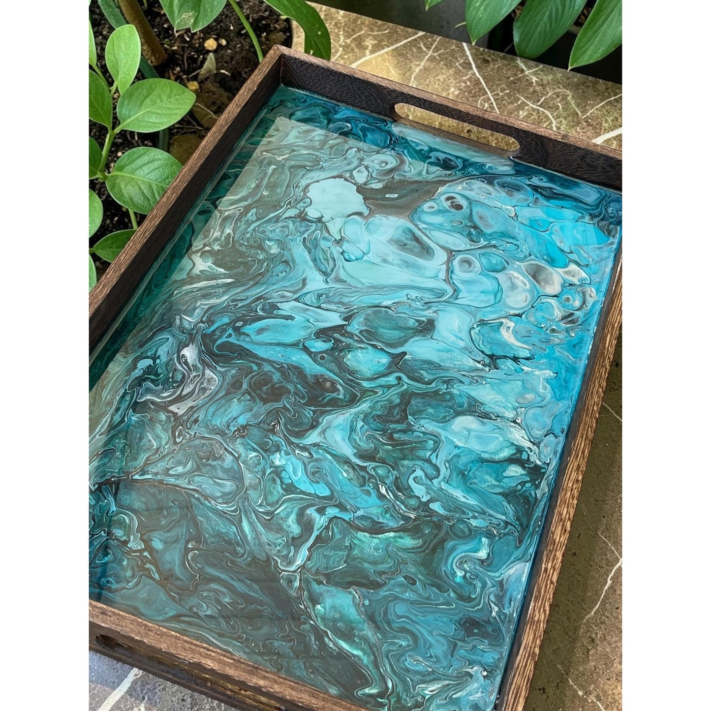 Glacial Vein Resin Art Tray | 18x12 Handmade Serving Tray | Turquoise Fluid Art | Luxury Home Decor | Coastal Decor | Functional Art Tray