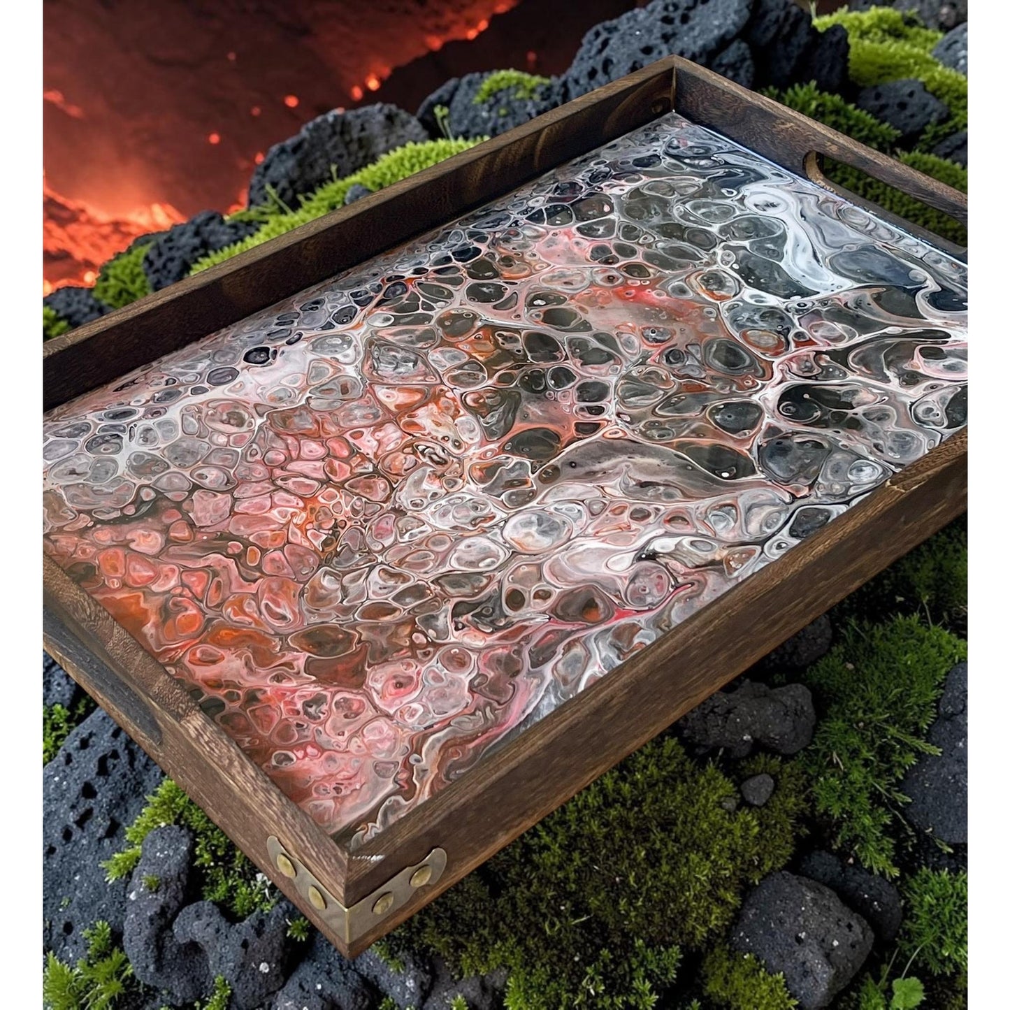 Obsidian Fire Molten Vein Tray – Handmade Resin Art Serving Tray – 18” x 12” Wood Tray – Lava Inspired Acrylic Pour Decor – Gothic Modern