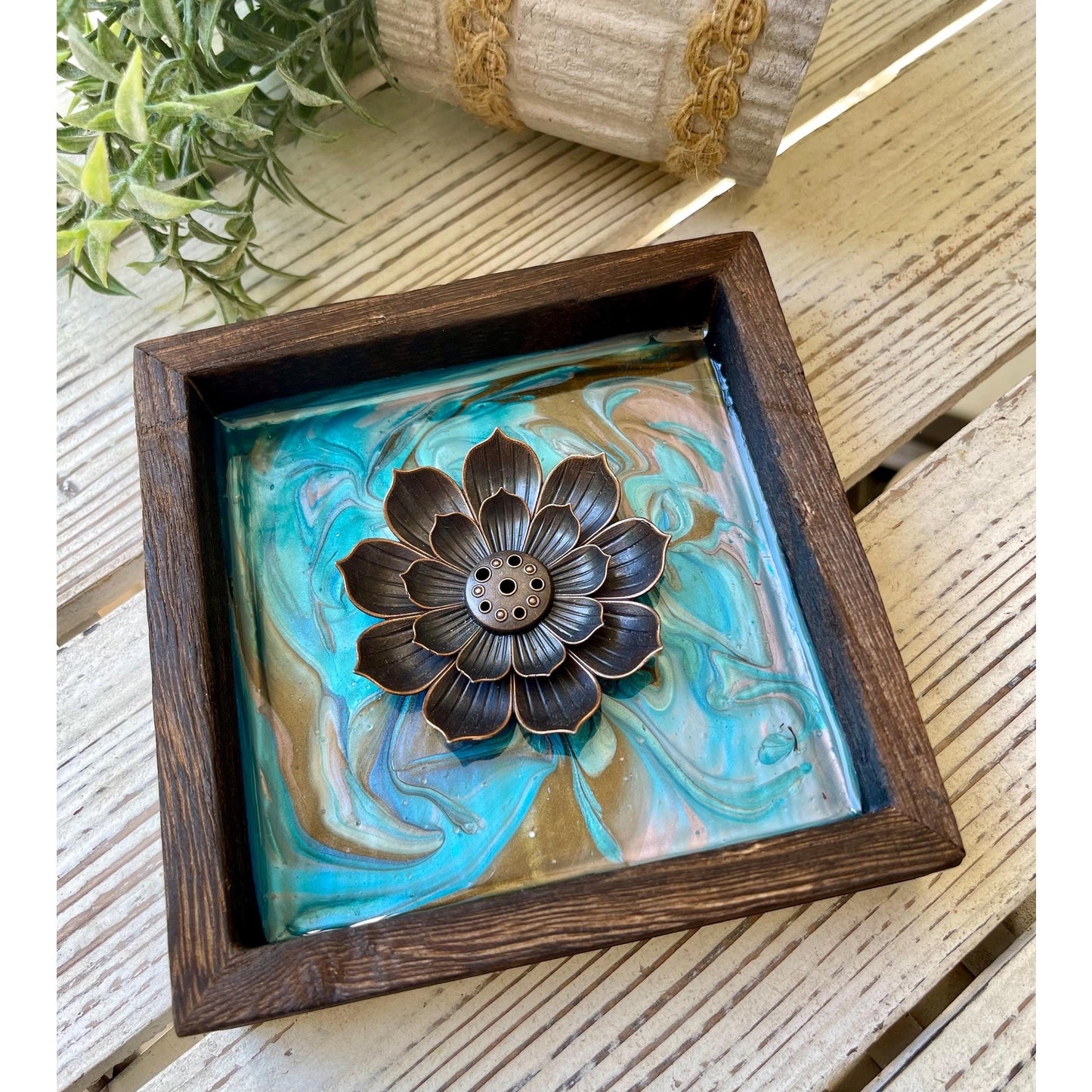 Lotus Incense Holder – Teal & Earth Tone Resin Art Tray – Wood Framed
