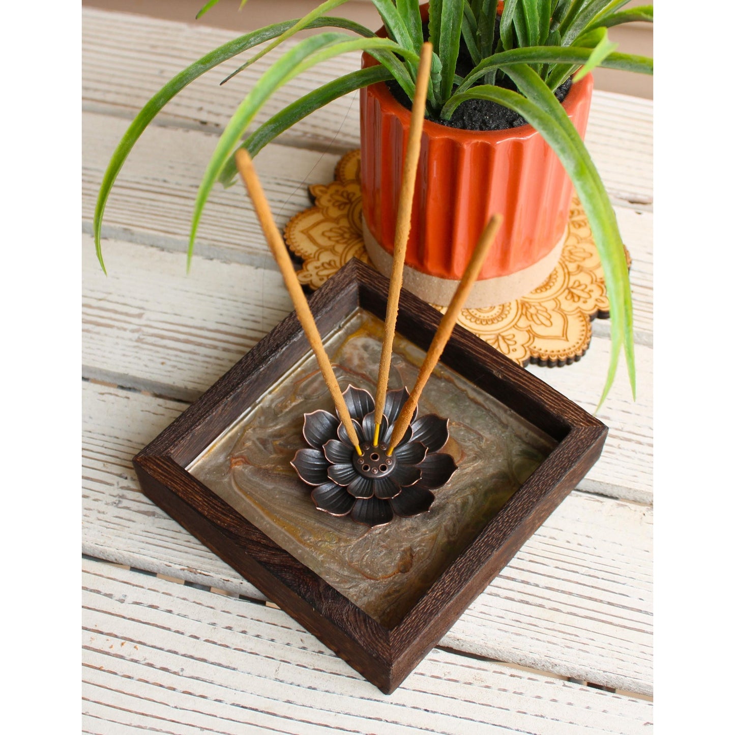 Lotus Incense Holder • Hand Painted Resin Art Tray •
