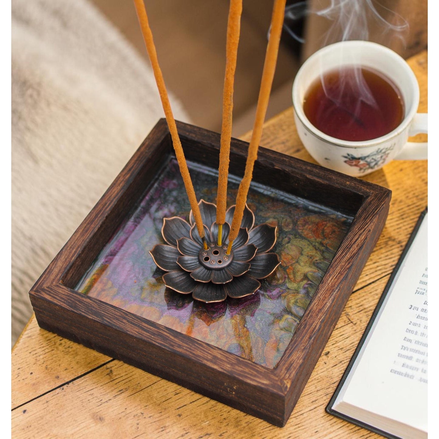 Hand Painted Lotus Incense Holder – Resin Sealed Acrylic Pour Art –