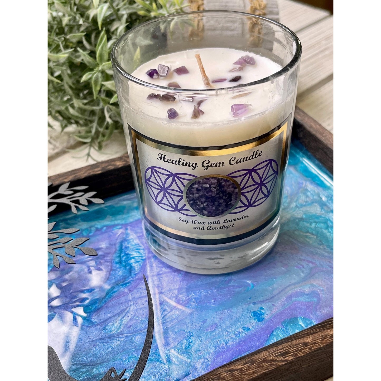 Meditation Altar Set • Resin Wood Tray with Gemstone Soy Candle • Spiritual Decor • Candle & Tray Set • Sacred Space Decor • Ritual Gift