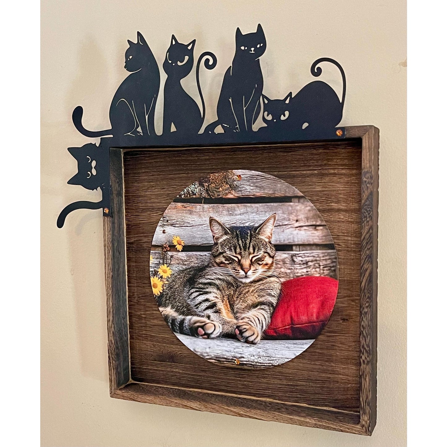 Cat Wall Art 10.5” | Cat Lover Decor | Rustic Wood Framed Cat Art