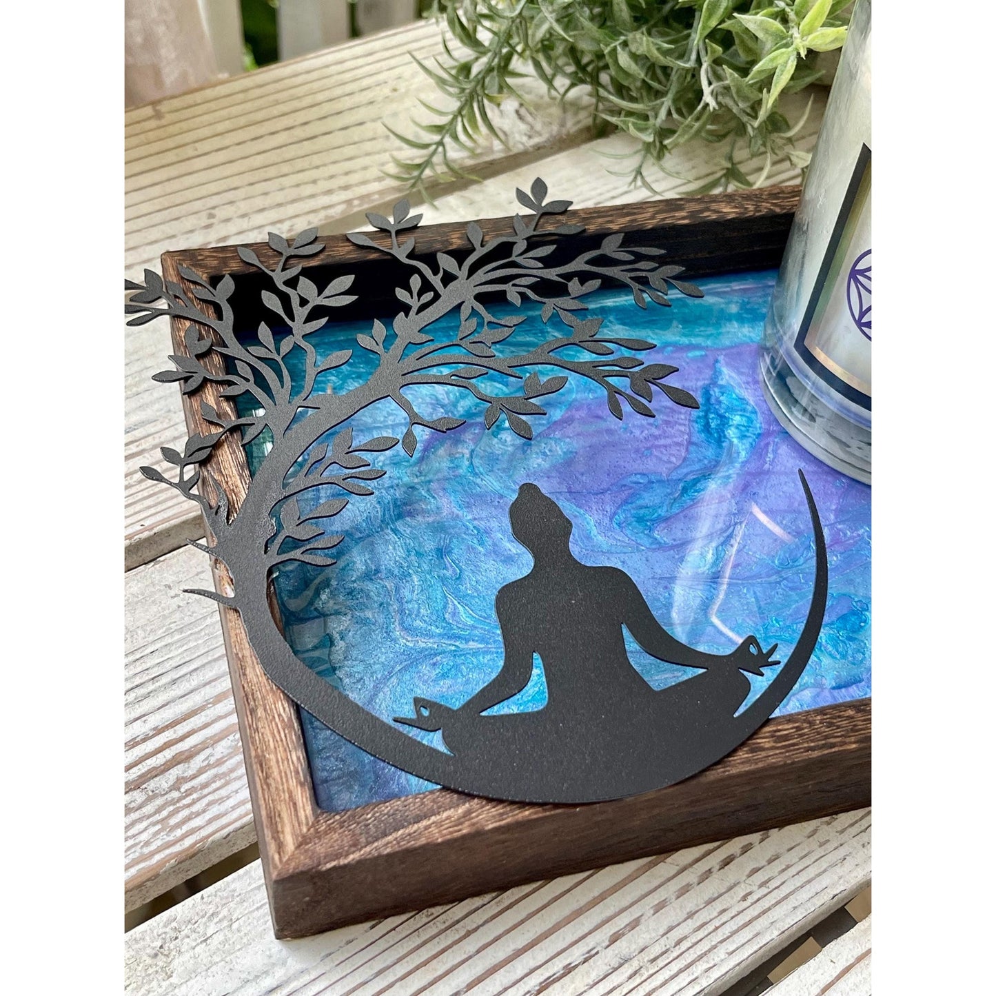 Meditation Altar Set • Resin Wood Tray with Gemstone Soy Candle • Spiritual Decor • Candle & Tray Set • Sacred Space Decor • Ritual Gift