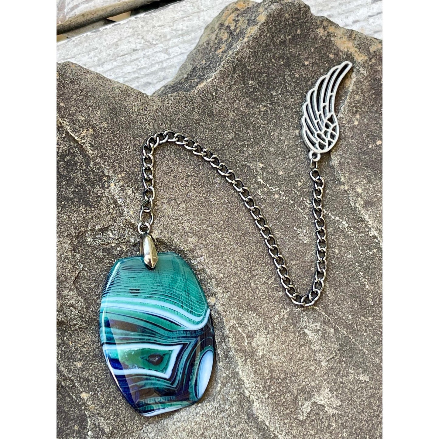 Designs by Imogen Art™ Pocket Peace Collection – Guardian Series Blue green Agate Meditation Stone with Angel Wing Pocket Comfort Stone
