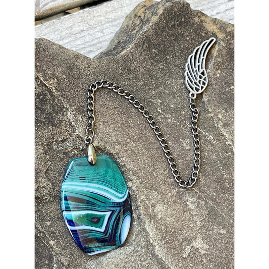 Designs by Imogen Art™ Pocket Peace Collection – Guardian Series Blue green Agate Meditation Stone with Angel Wing Pocket Comfort Stone