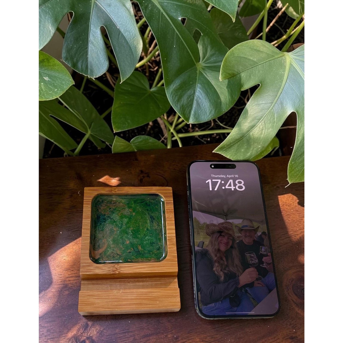 Phone Stand with Tray – Handmade Wood Phone Holder – Resin Art Emerald Green