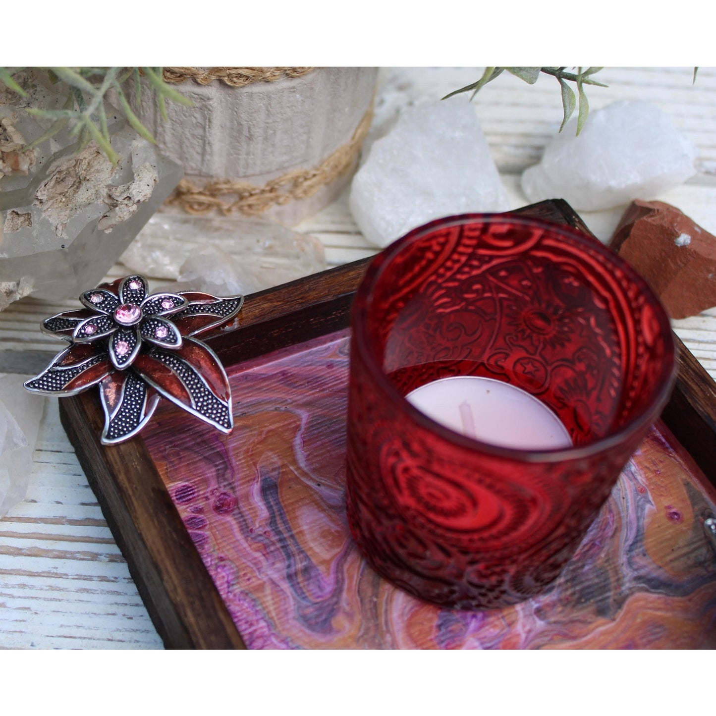 Hand Painted Floral Wood Candle Holder with Glass Votive