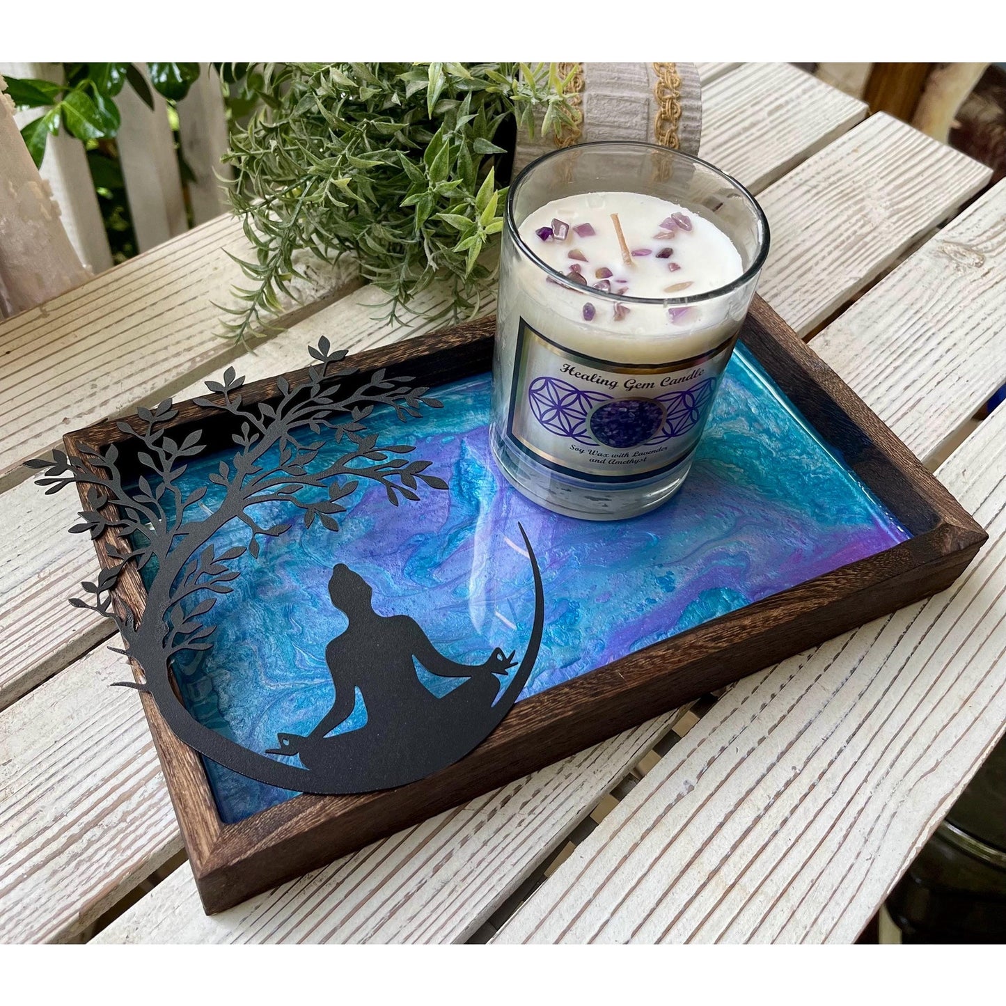 Meditation Altar Set • Resin Wood Tray with Gemstone Soy Candle • Spiritual Decor • Candle & Tray Set • Sacred Space Decor • Ritual Gift