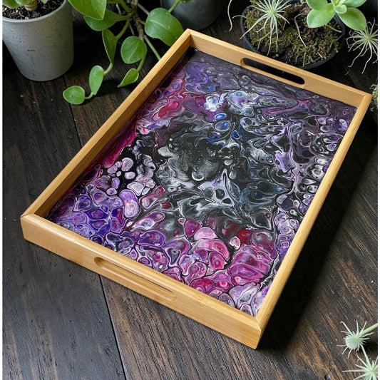 Crushed Merlot Serving Tray – 14x10 Resin Art Tray – Deep Wine & Plum Acrylic Pour – Handmade Wooden Tray – Functional Art Decor