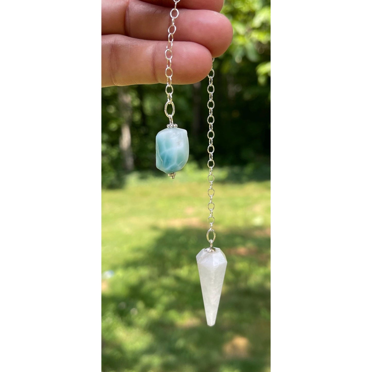 White Amazonite & Larimar Luxury Pendulum | Sterling Silver Chain