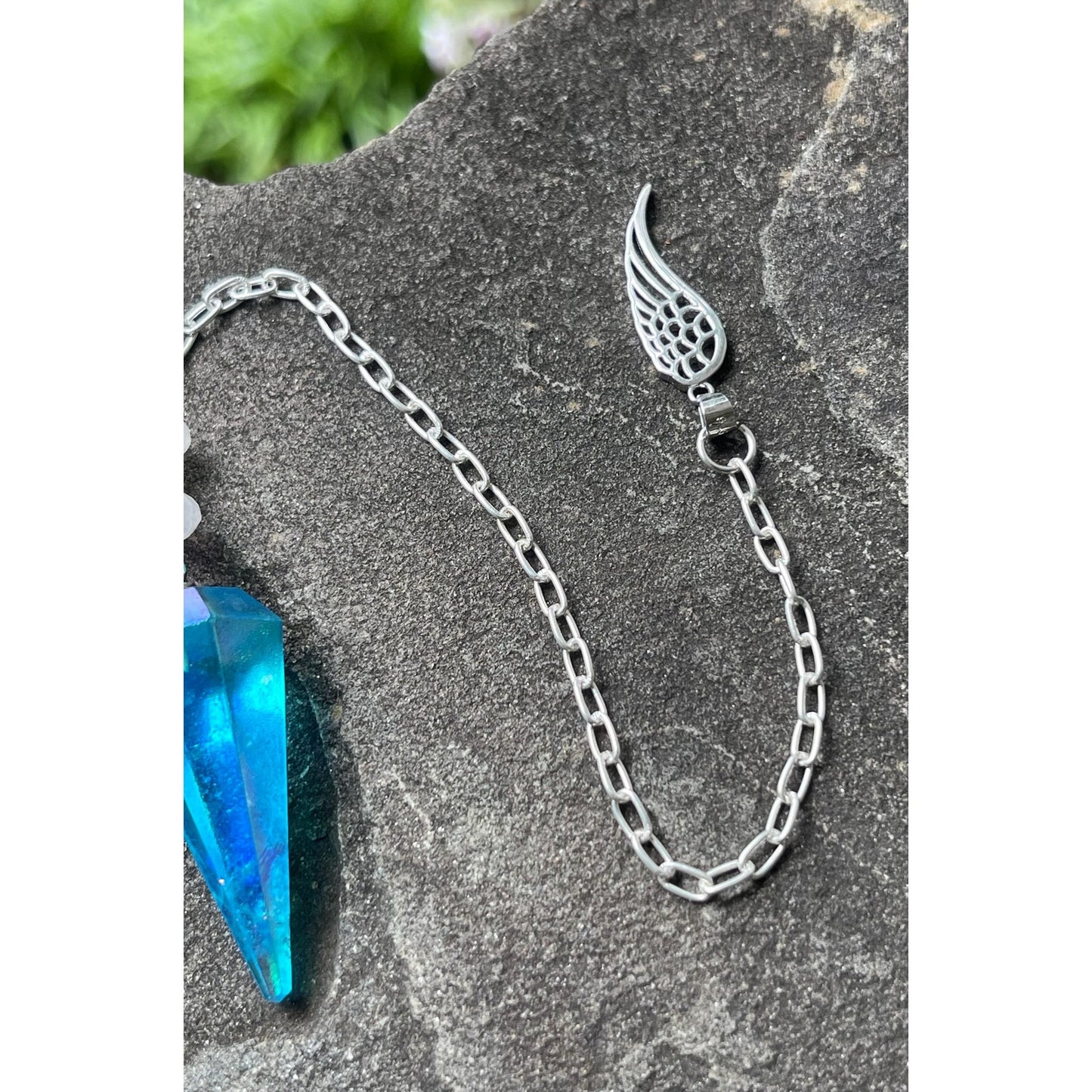 Luxury Blue Aqua Aura Quartz Pendulum with Sterling Silver Angel Wing | Heavy Precious Metal Sterling Silver Chain | Handmade Pendulum