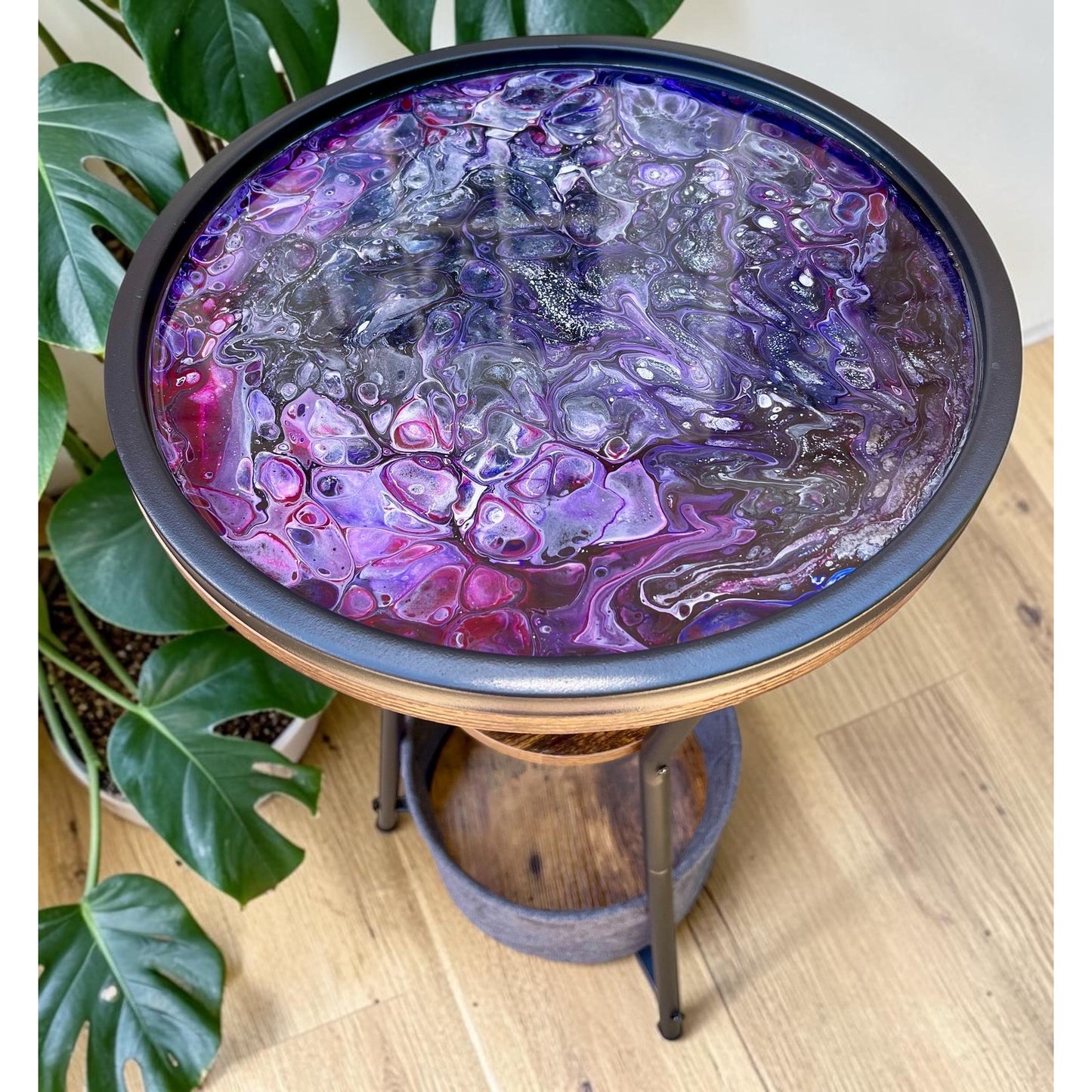Crushed Merlot Resin Art Accent Table – 26” Tall Handmade Side Table with Shelf & Storage – Acrylic Pour Furniture –Functional Art Statement