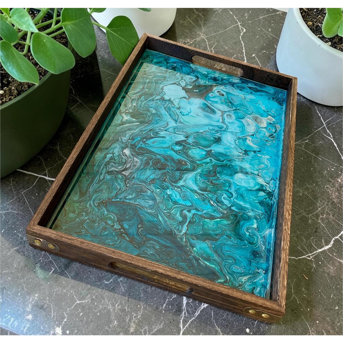 Glacial Vein Resin Art Tray | 18x12 Handmade Serving Tray | Turquoise Fluid Art | Luxury Home Decor | Coastal Decor | Functional Art Tray