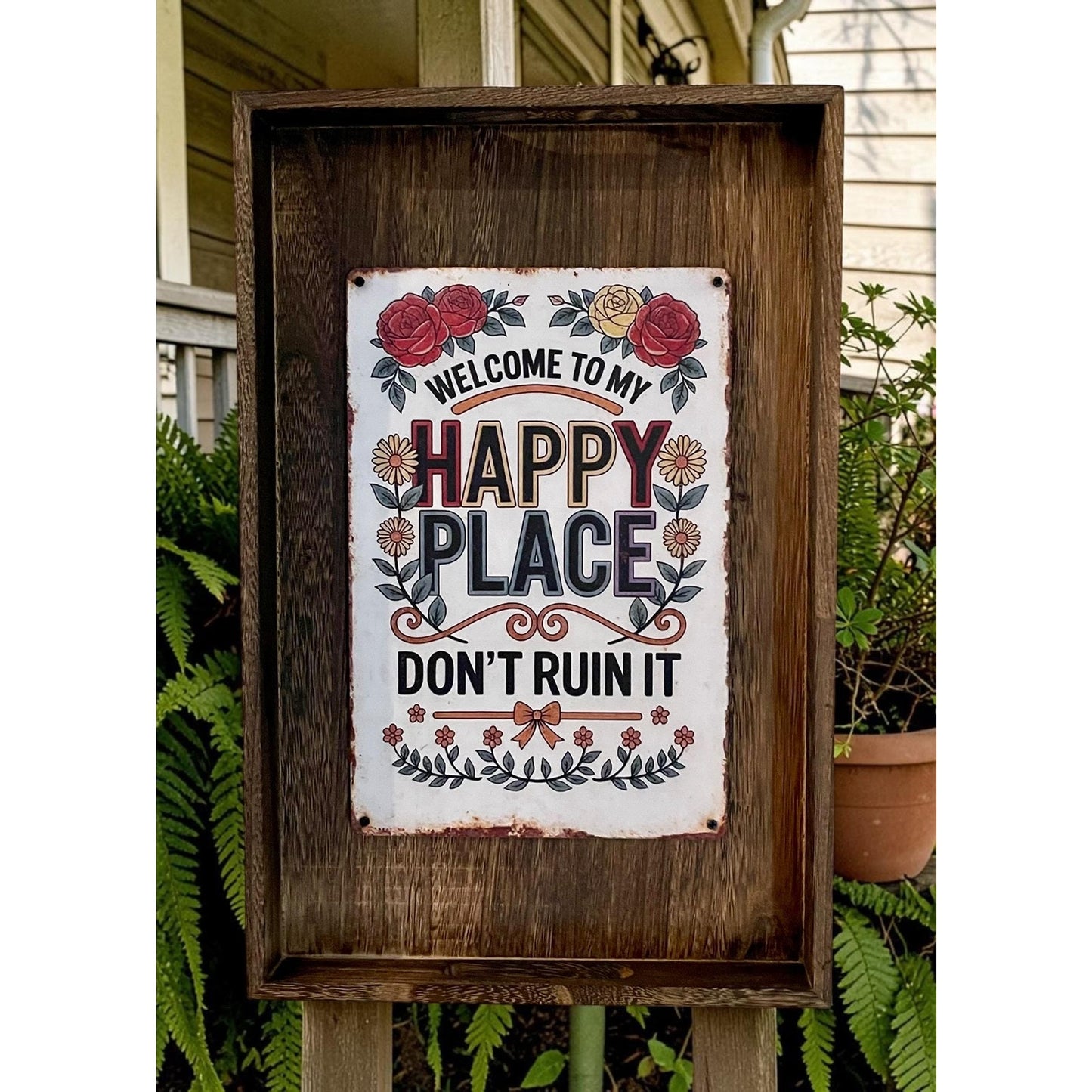 Funny Welcome Sign 18” | Welcome to My Happy Place Don’t Ruin It | Rustic Wood Wall Decor | Housewarming Gift | Farmhouse Sign
