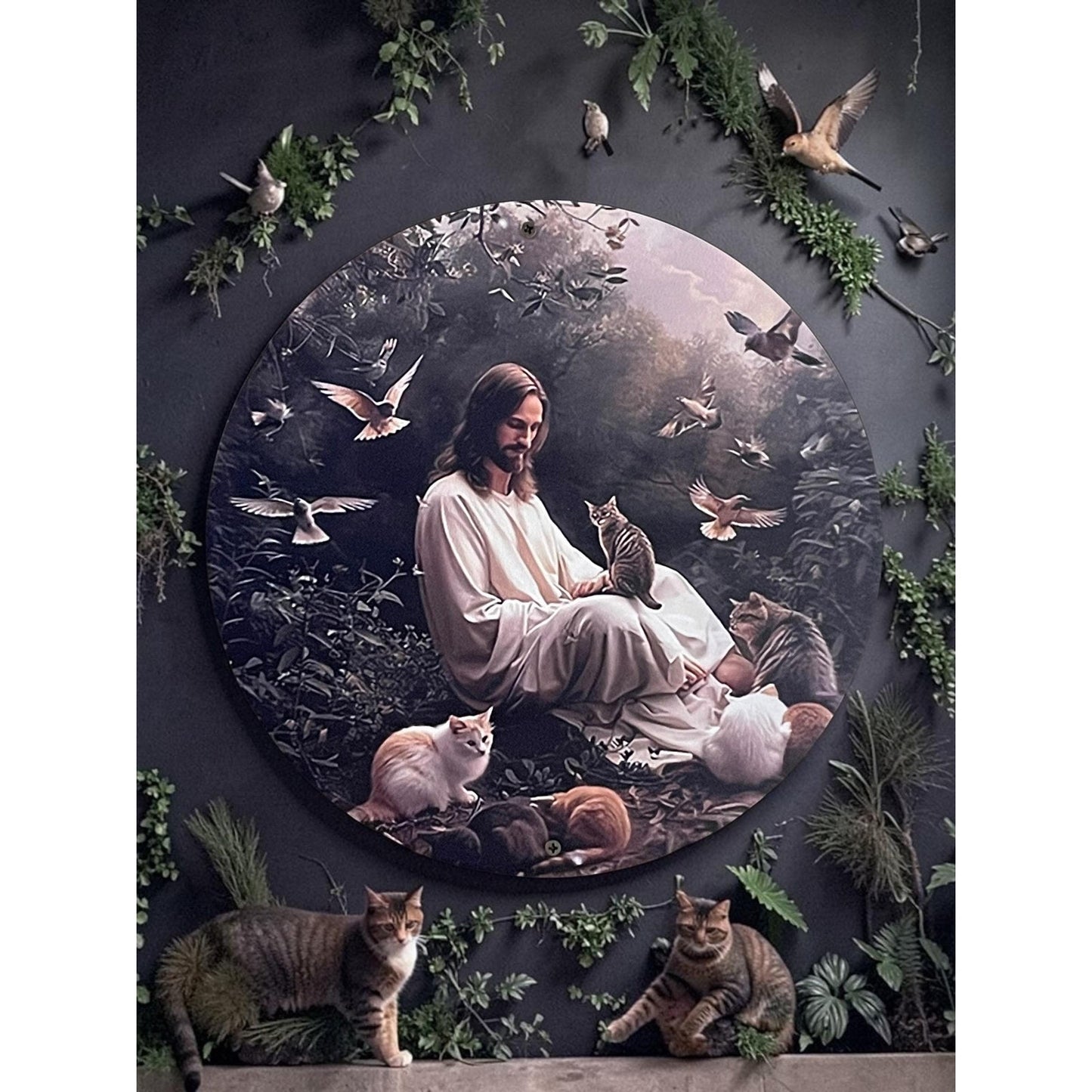 Jesus with Cats and Birds Wall Art | Christian Cat Lover Decor | Rustic Framed Religious Wall Hanging | Ready to Hang | One of a Kind