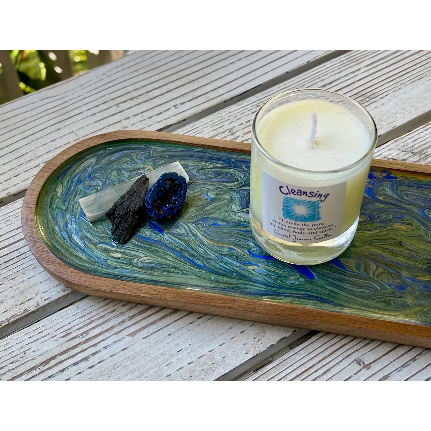 Hand Painted Cleansing Ritual Tray Set – Soy Candle, Goddess Statue/Healing Crystals – Selenite, Black Kyanite & Blue Druzy – Spiritual