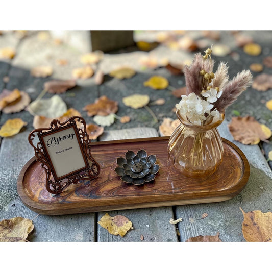 Hand Painted Decorative Tray Set with Mini Vase, Picture Frame with Lotus Incense Holder – Autumn Cottagecore Decor – Boho Vanity Tray