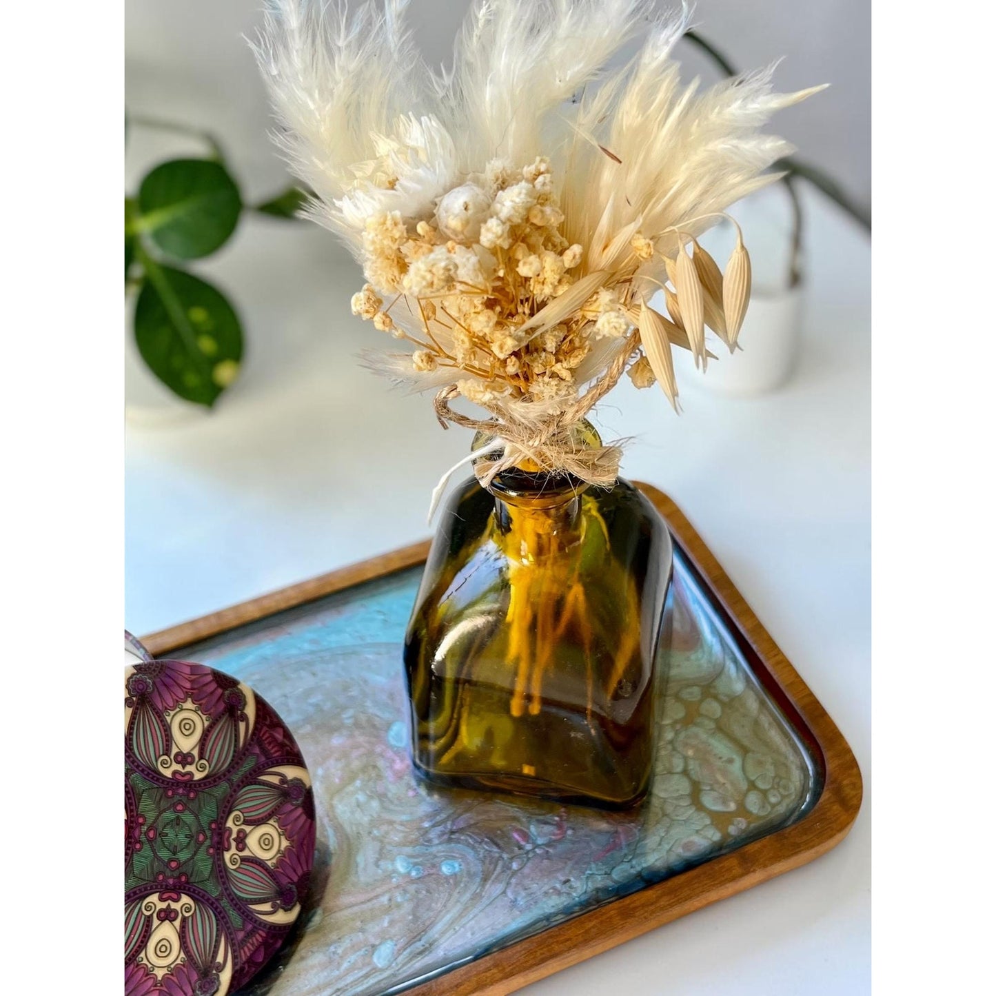 Handmade Resin Tray Set with Soy Candle & Dried Flowers | Small Vanity Tray | Boho Home Decor | Gift Set