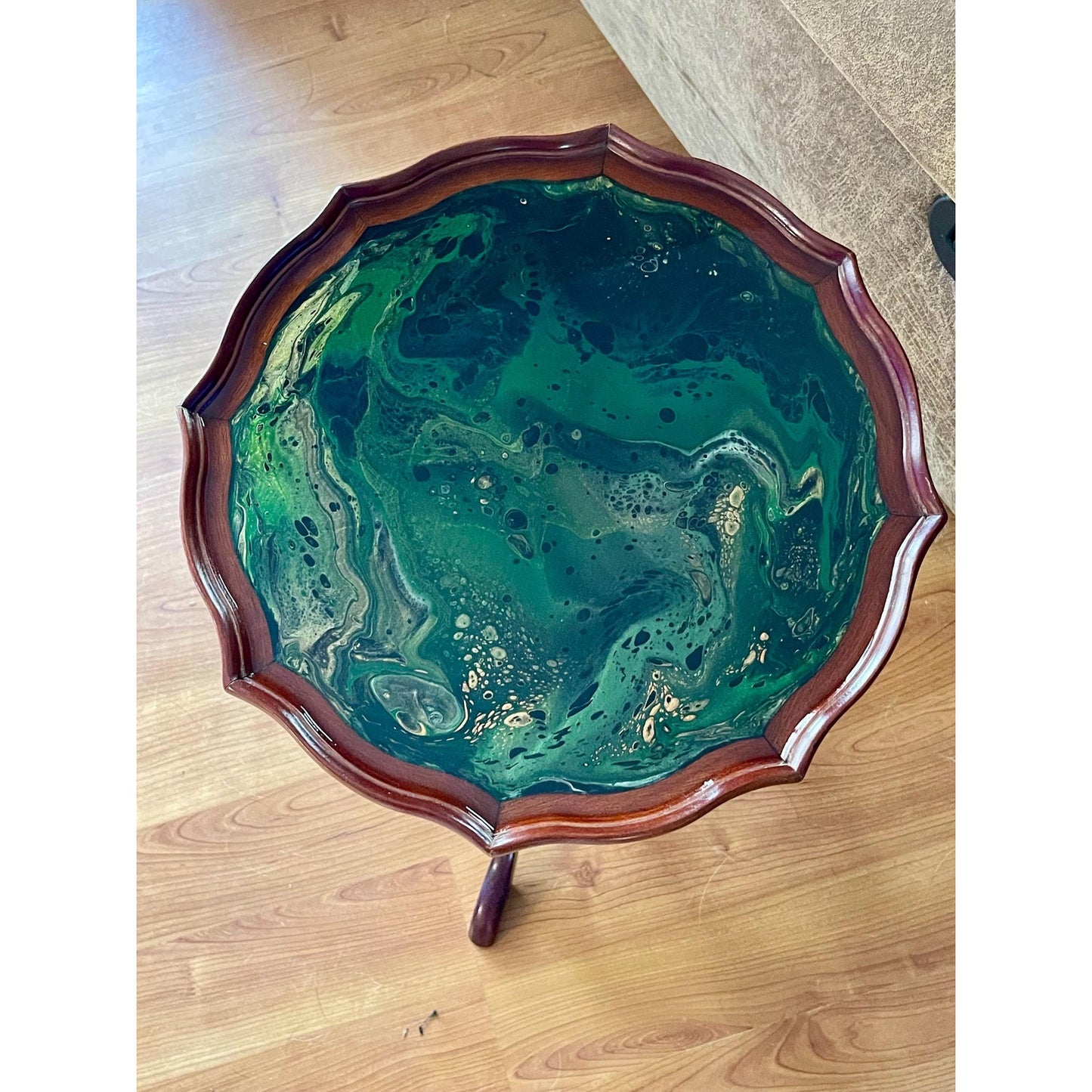 Vintage Resin Art Side Table – Emerald Tide Pour – Hand Painted Wood Table – One of a Kind Accent Table – Upcycled Furniture