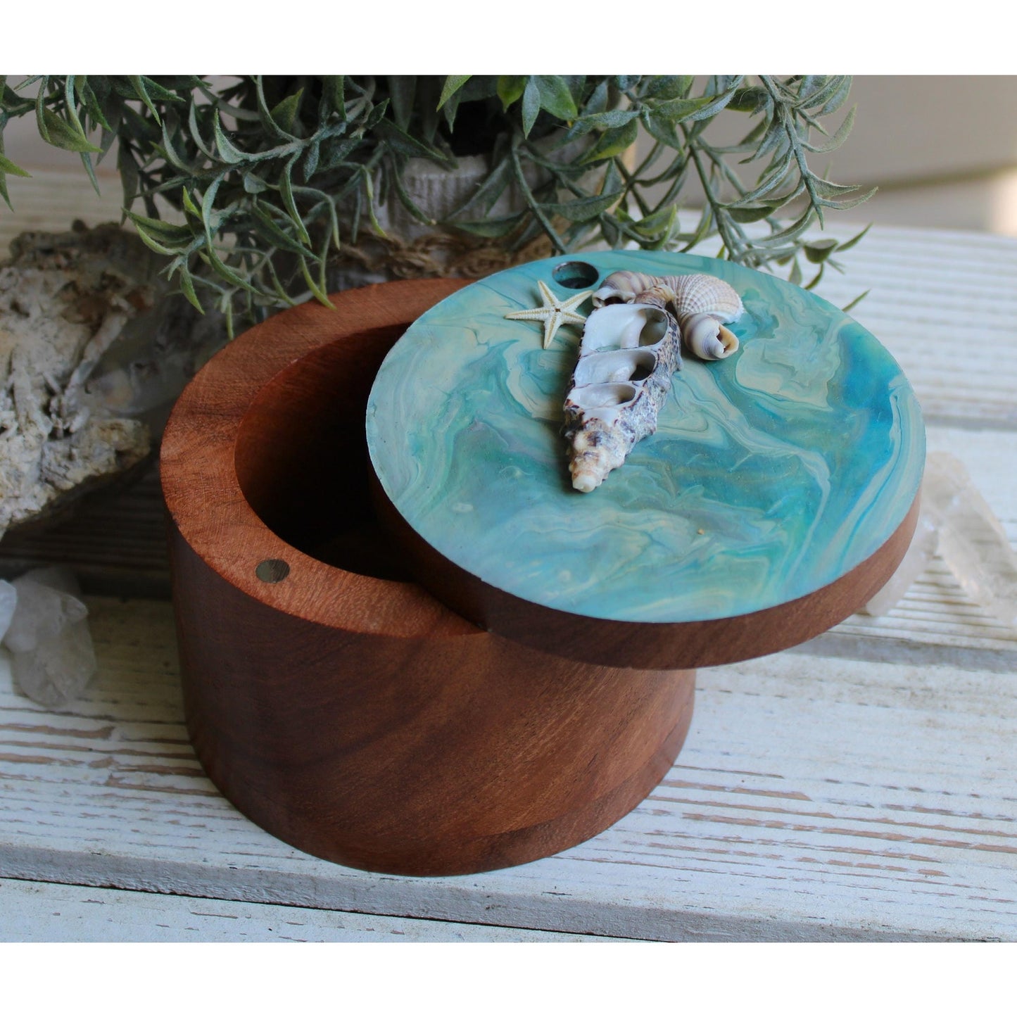 Stash Box, Jewelry Box, Keepsake Box, Hand Painted Box Shells Beach 4" x 4 x 3"