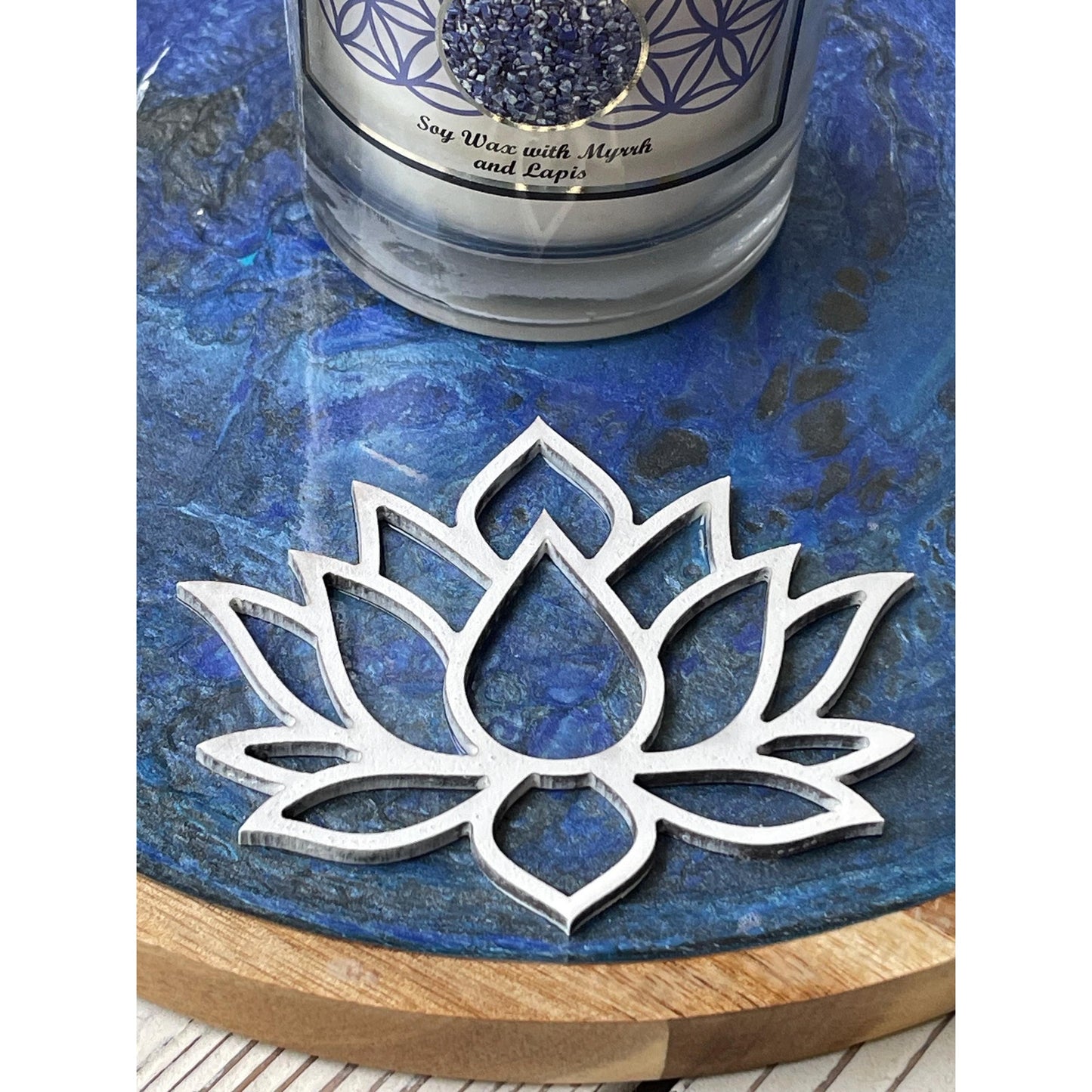 Hand Painted Blue Lotus Tray with Soy Candle Set | Meditation Decor | Acrylic Pour Art | Spiritual Home Decor | One of a Kind Gift