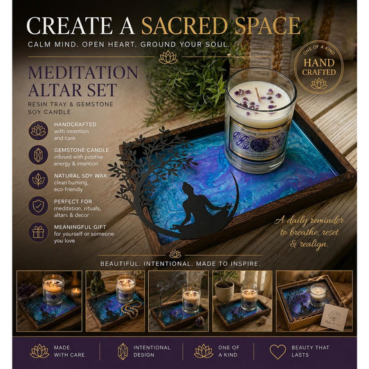 Meditation Altar Set • Resin Wood Tray with Gemstone Soy Candle • Spiritual Decor • Candle & Tray Set • Sacred Space Decor • Ritual Gift