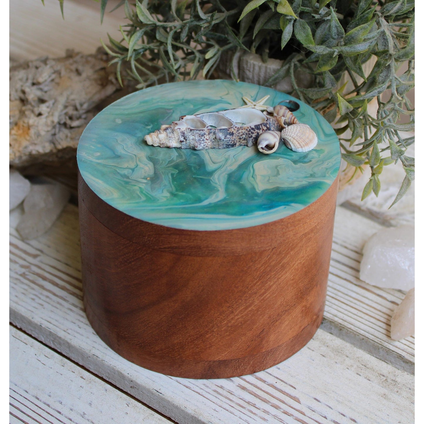 Stash Box, Jewelry Box, Keepsake Box, Hand Painted Box Shells Beach 4" x 4 x 3"