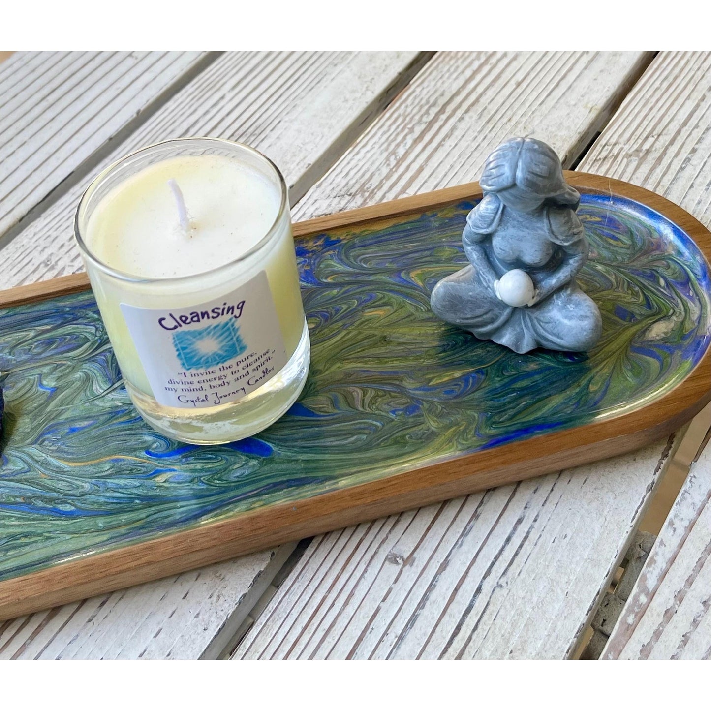 Hand Painted Cleansing Ritual Tray Set – Soy Candle, Goddess Statue/Healing Crystals – Selenite, Black Kyanite & Blue Druzy – Spiritual