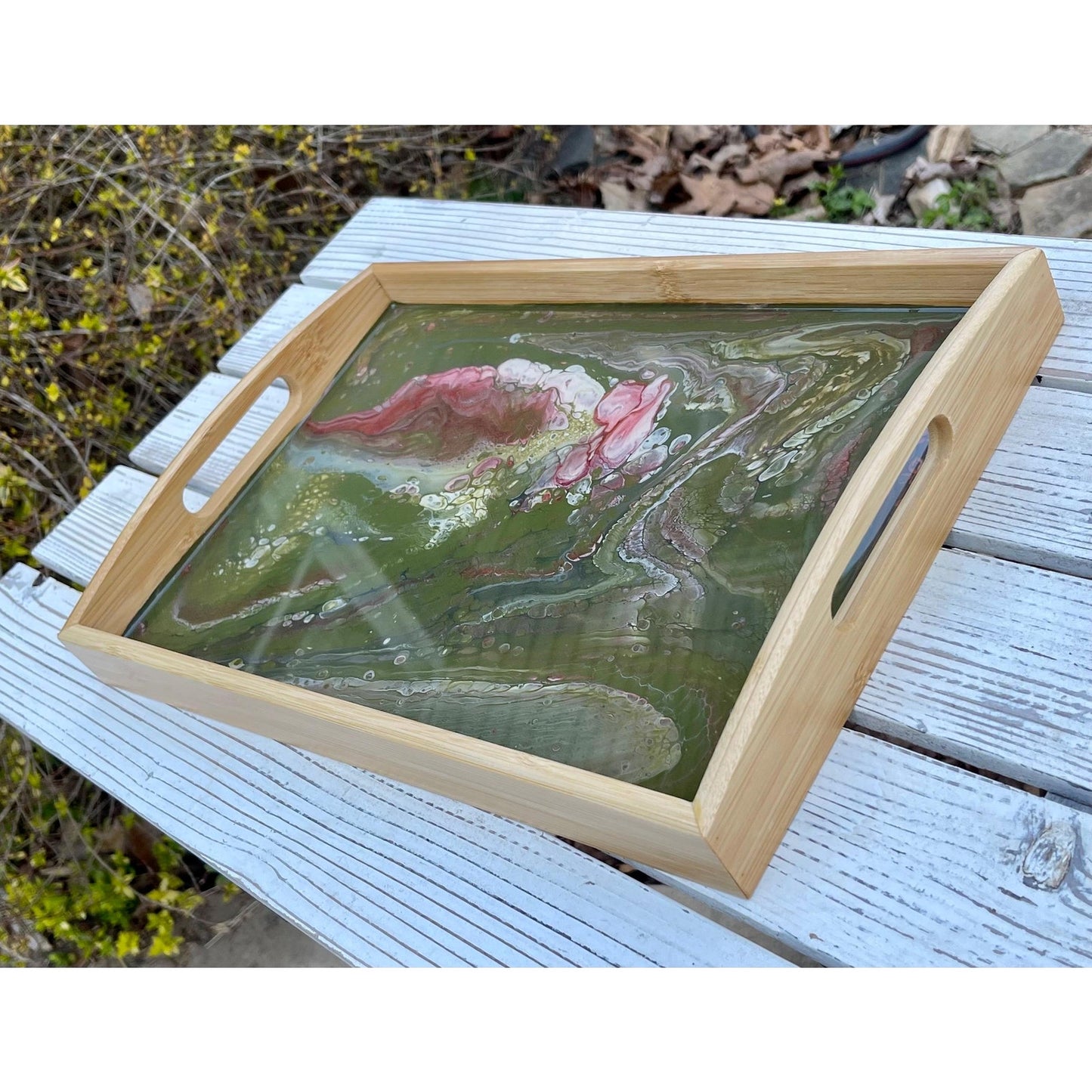 Earth Bloom Resin Tray • Green & Blush Acrylic Pour •