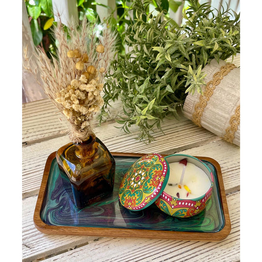 Handmade Resin Tray Set with Soy Candle & Dried Flowers |