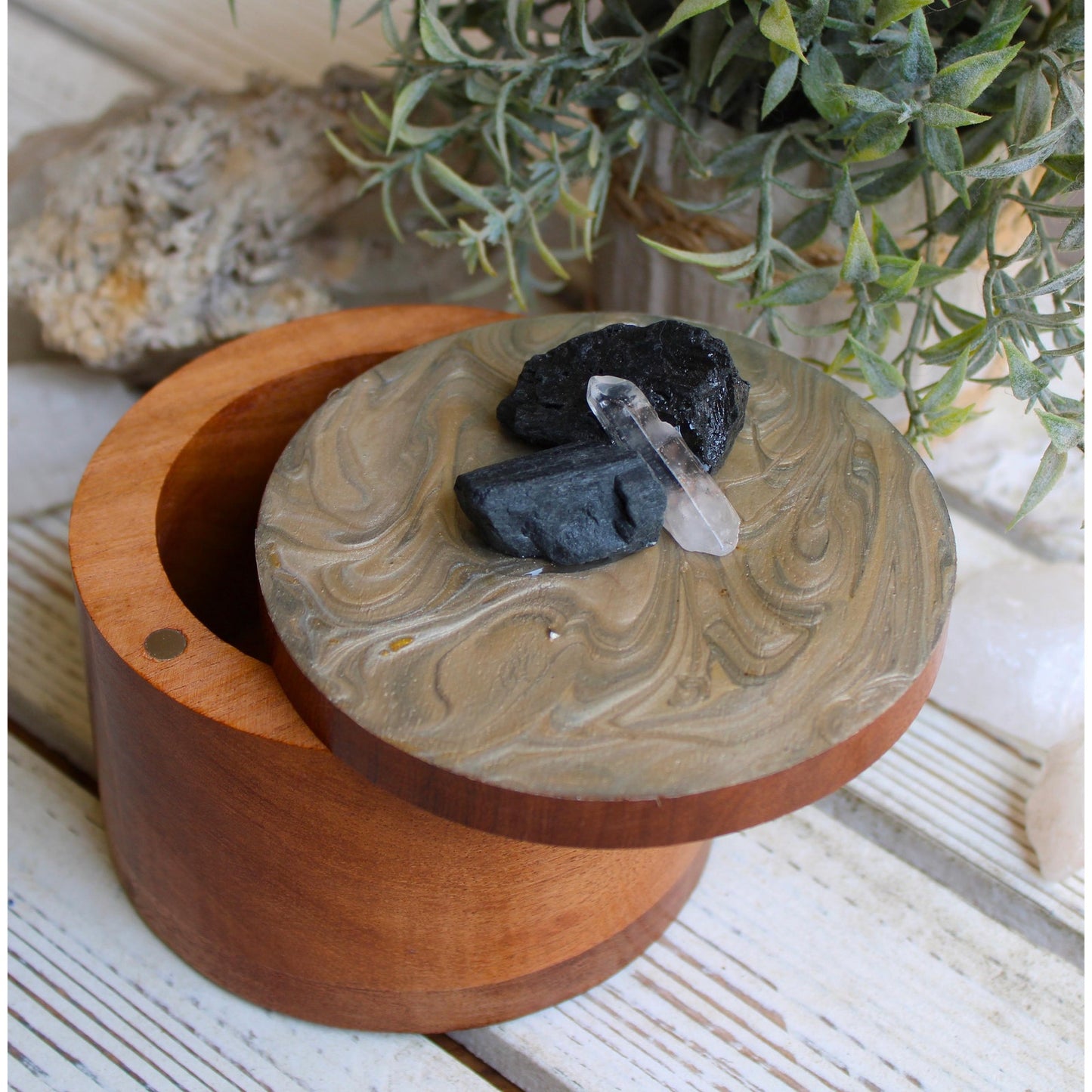 Stash Box, Jewelry Box, Keepsake Box, Hand Painted Box Crystals Black Tourmaline, Clear Quartz 4" x 4 x 3"