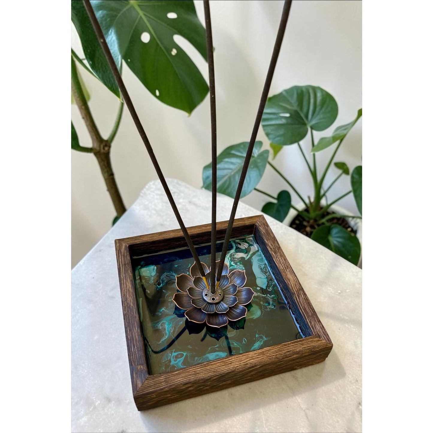 Glacial Vein Collection Lotus Incense Burner Resin Art Decor | Turquoise Lotus Burner | Meditation Altar Decor | 4 Inch