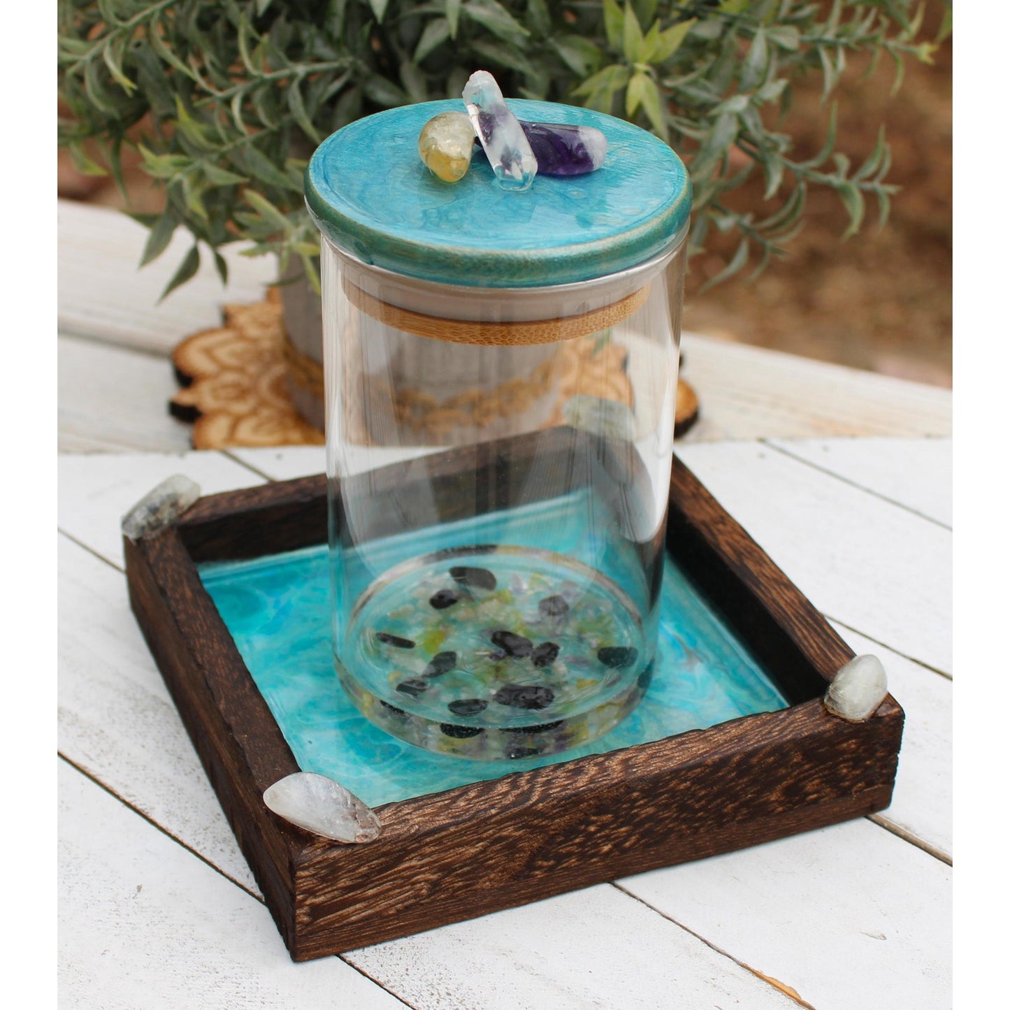 Manifestation Prayer Jar Set with Citrine, Amethyst & Clear Quartz – Hand Painted Tray – Crystal Intention Jar Spiritual Gift Energy Ritual