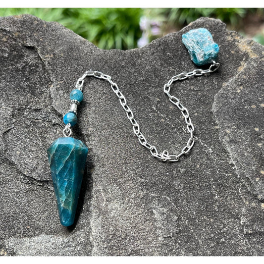 Luxury Blue Apatite Pendulum with Raw Blue Apatite Handle | Heavy Sterling Silver Precious Metal Chain | Handcrafted Crystal Pendulum